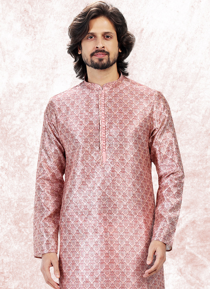 Elegant Pink Banarasi Silk Men's Kurta for Stylish Parties and Weddings