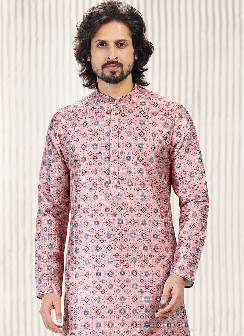 Elegant Pink Banarasi Silk Men's Kurta for Stylish Party & Wedding Attire