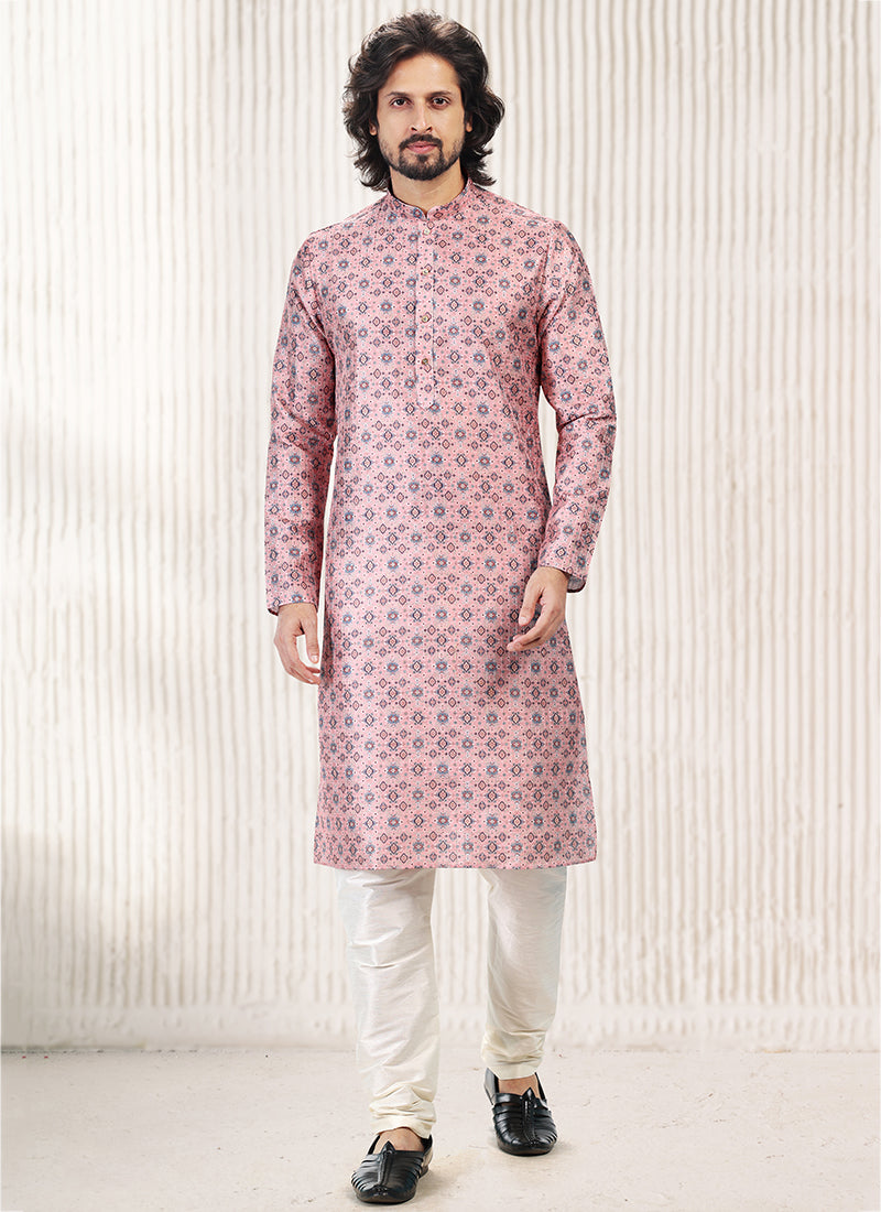 Elegant Pink Banarasi Silk Men's Kurta for Stylish Party & Wedding Attire