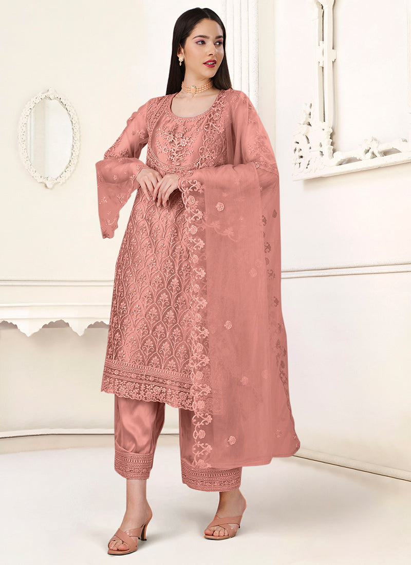 PINK Elegance: Net Fabric Party & Wedding Wear Salwar Kameez Ensemble