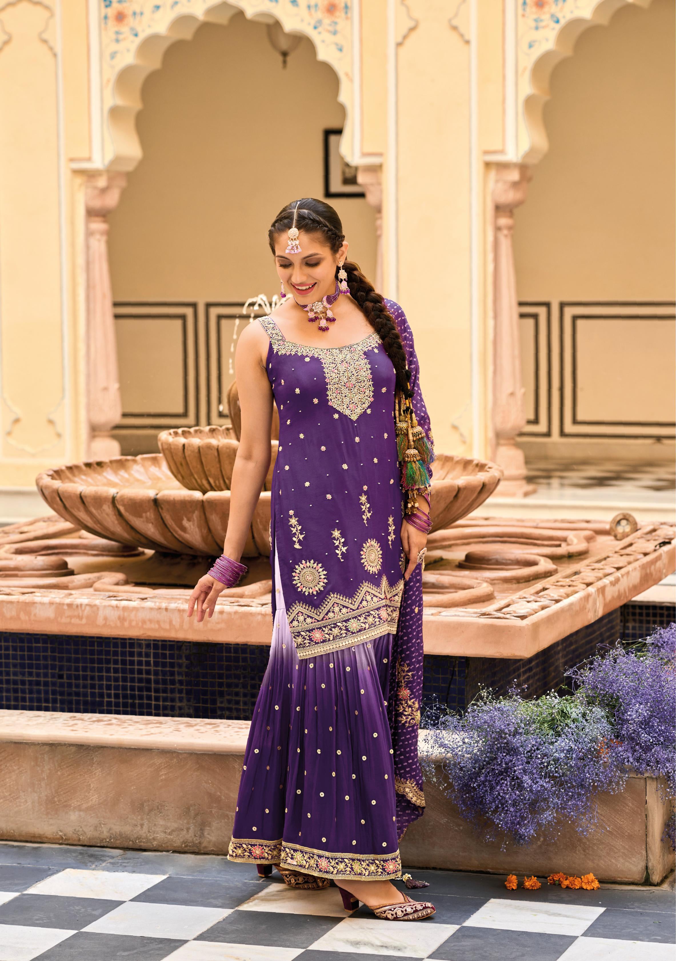 Purple Heavy Chinon Embroidered Salwar Suit For Wedding Wear