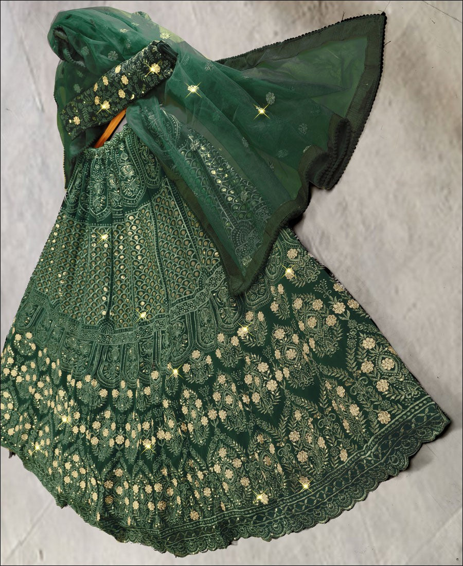 Enchanting Green Lehenga Choli Adorned with Intricate Thread Sequence Embroidery