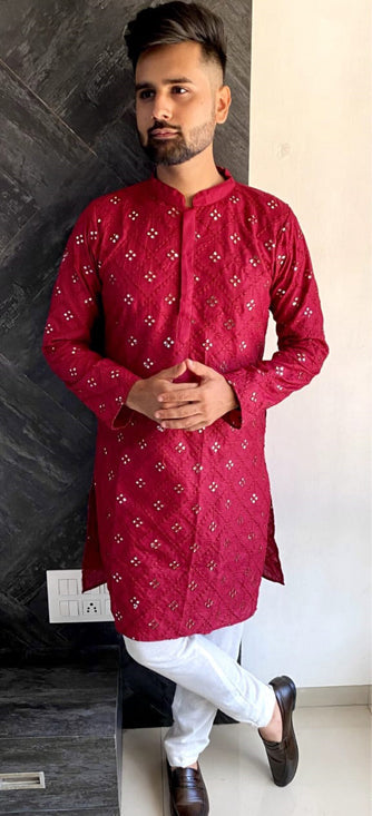 Elegant Pink Cotton Slub Men's Kurta for Stylish Parties and Weddings