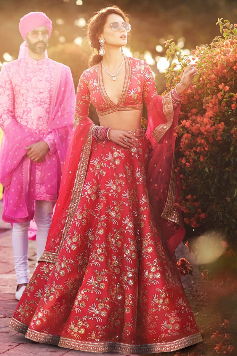 Crimson Elegance: Thai Silk Red Lehenga Choli with Zari and Sequins Embroidery