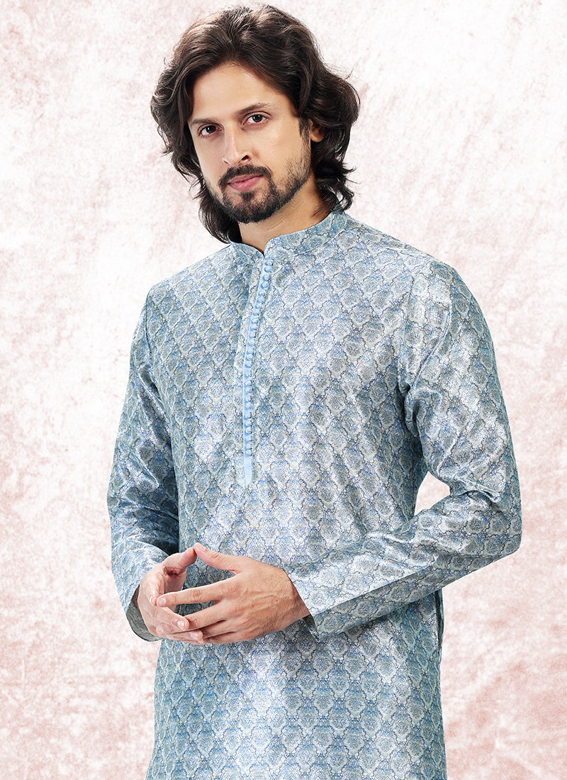 Elegant Skyblue Banarasi Silk Men's Kurta for Parties and Weddings