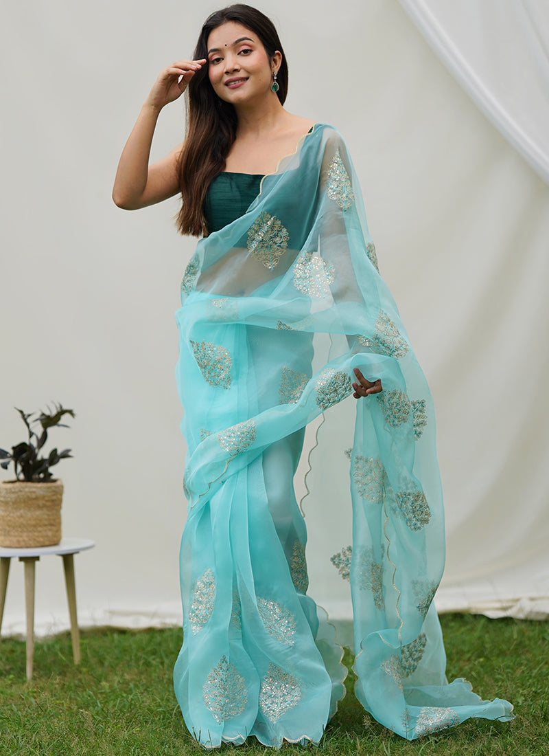 Ethereal Sky-Blue Silk Saree: Elegance for Weddings and Parties