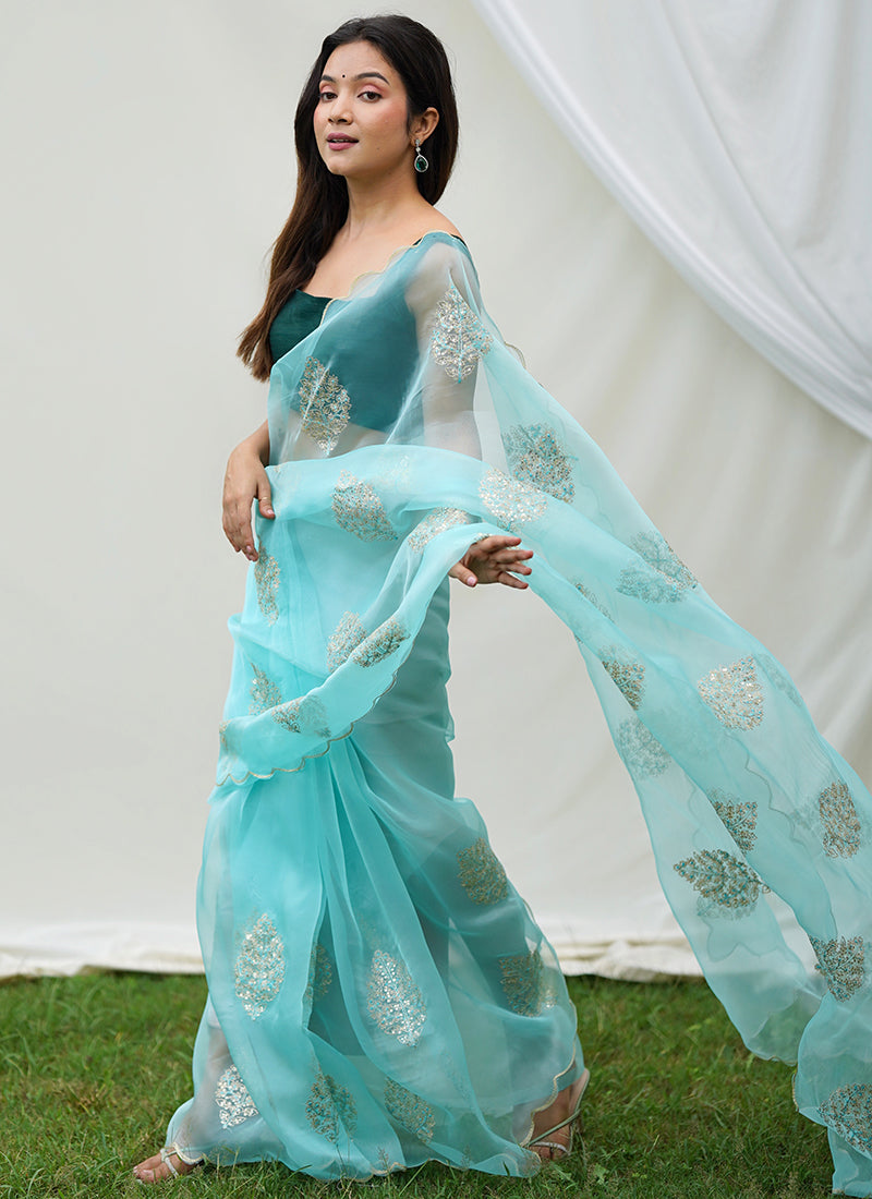 Ethereal Sky-Blue Silk Saree: Elegance for Weddings and Parties