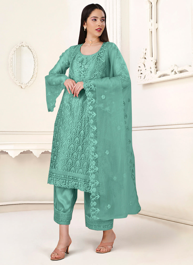 Turquoise Blue Net Salwar Kameez: Perfect Party & Wedding Wear Ensemble