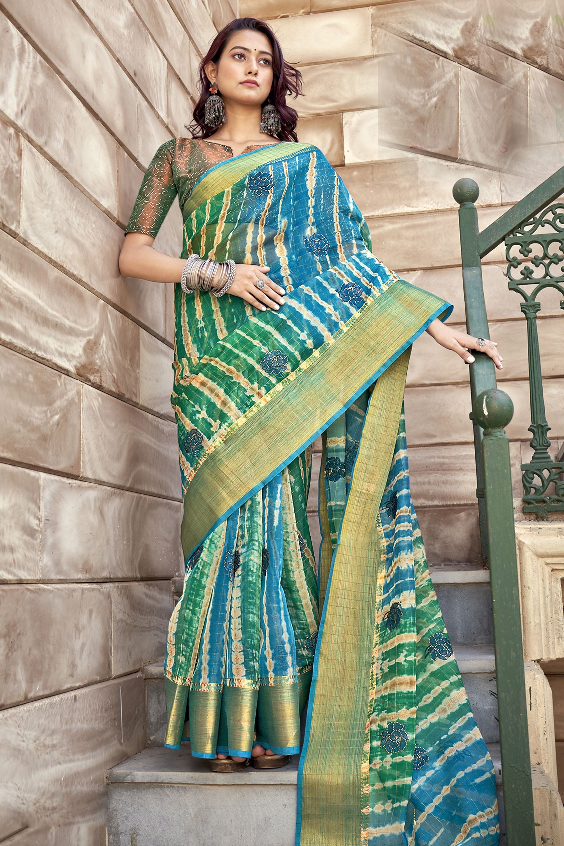 Elegant Turquoise Organza Art Silk Saree for Party & Wedding Wear