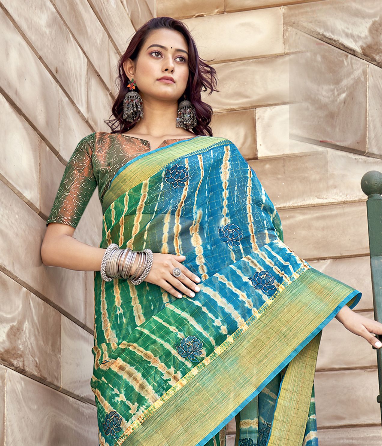 Elegant Turquoise Organza Art Silk Saree for Party & Wedding Wear