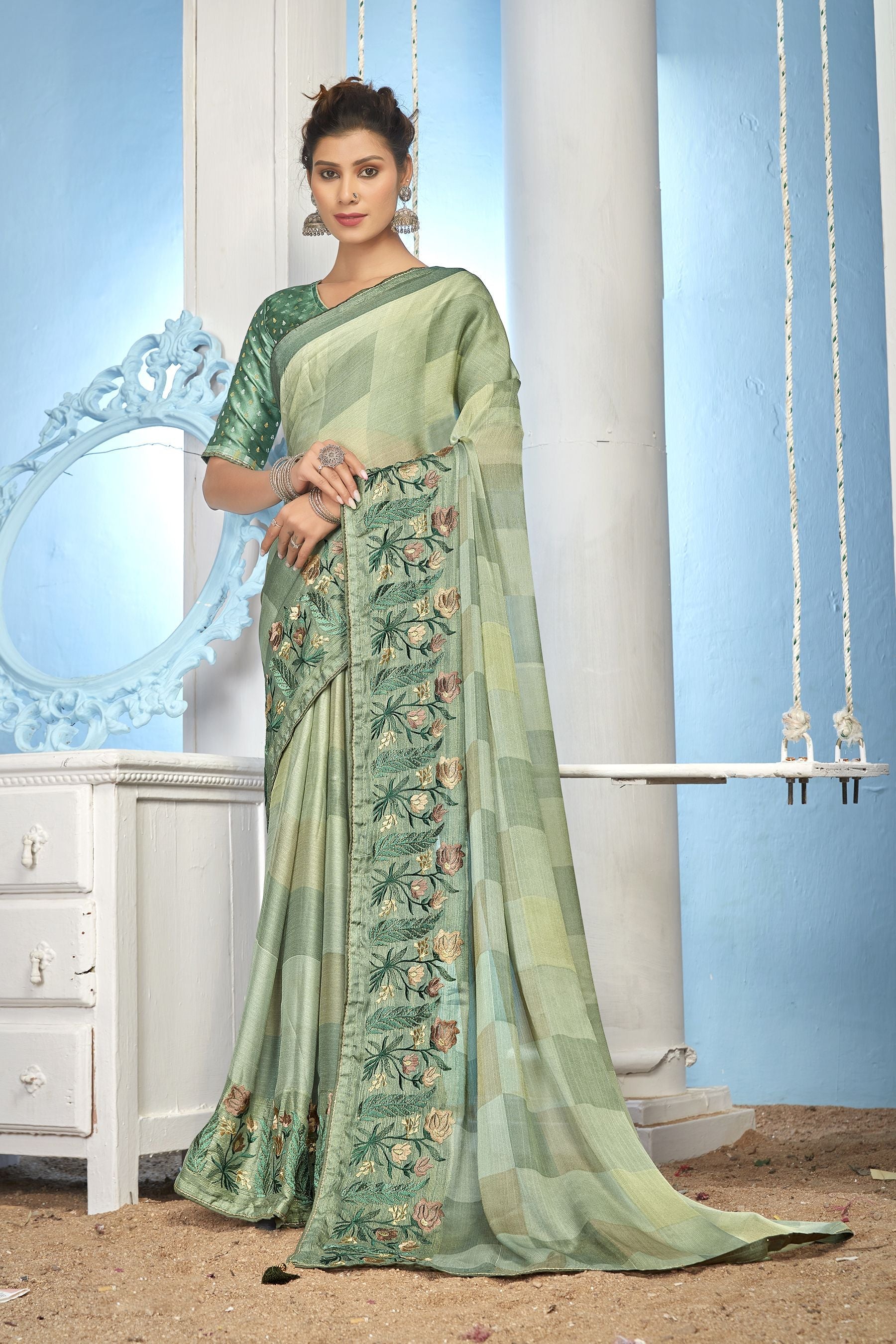 Elegant Moss Green Chiffon Brocade Saree: Perfect for Party & Wedding Wear