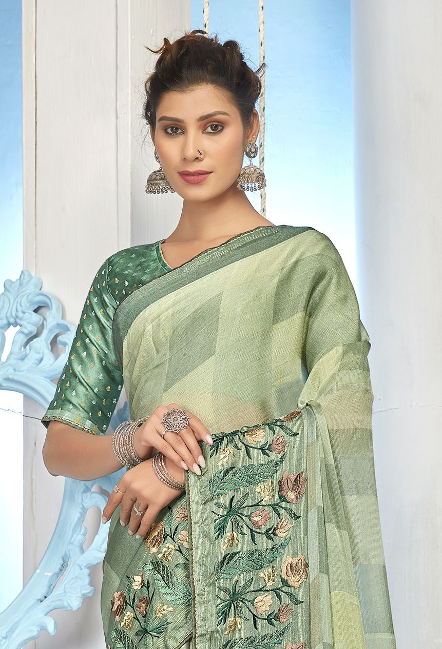 Elegant Moss Green Chiffon Brocade Saree: Perfect for Party & Wedding Wear