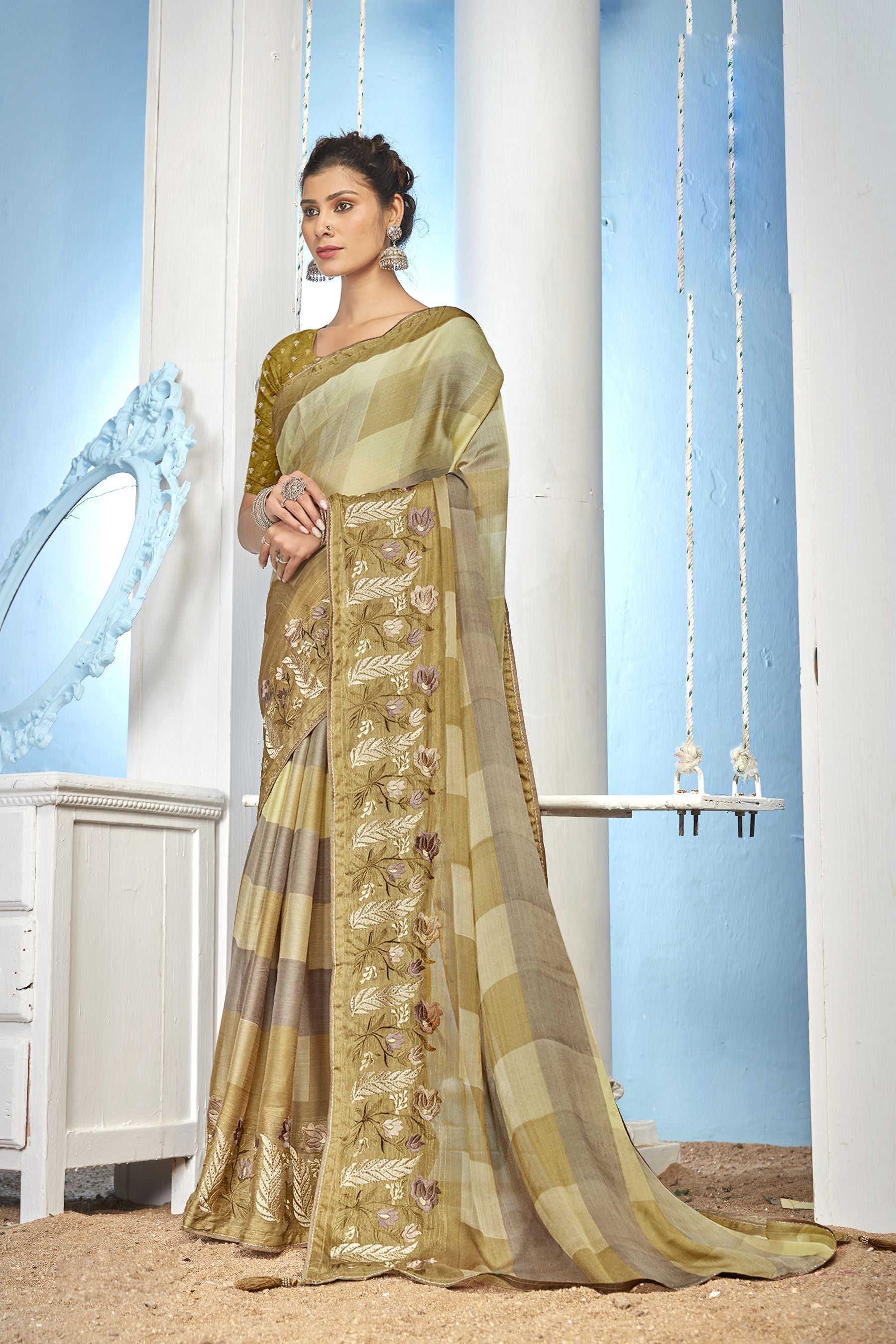 Mehndi-Colored Moss Chiffon Brocade Saree: Perfect Party & Wedding Wear