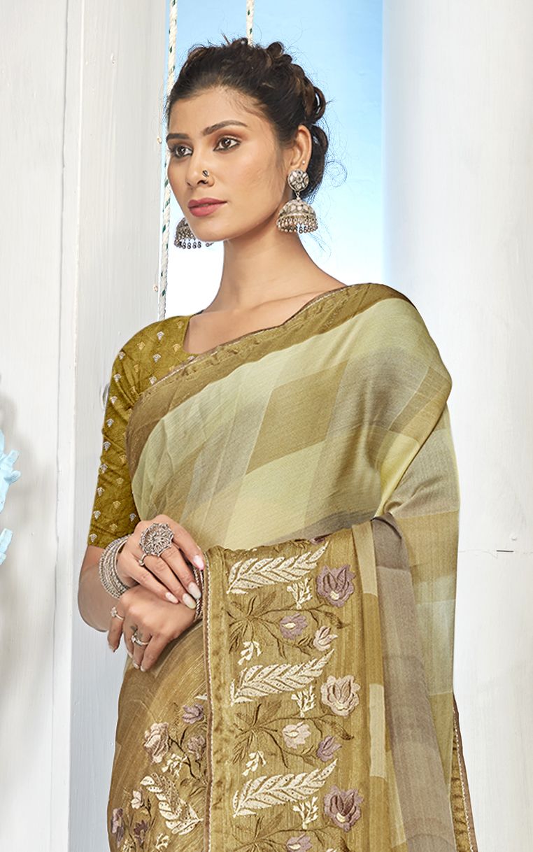 Mehndi-Colored Moss Chiffon Brocade Saree: Perfect Party & Wedding Wear