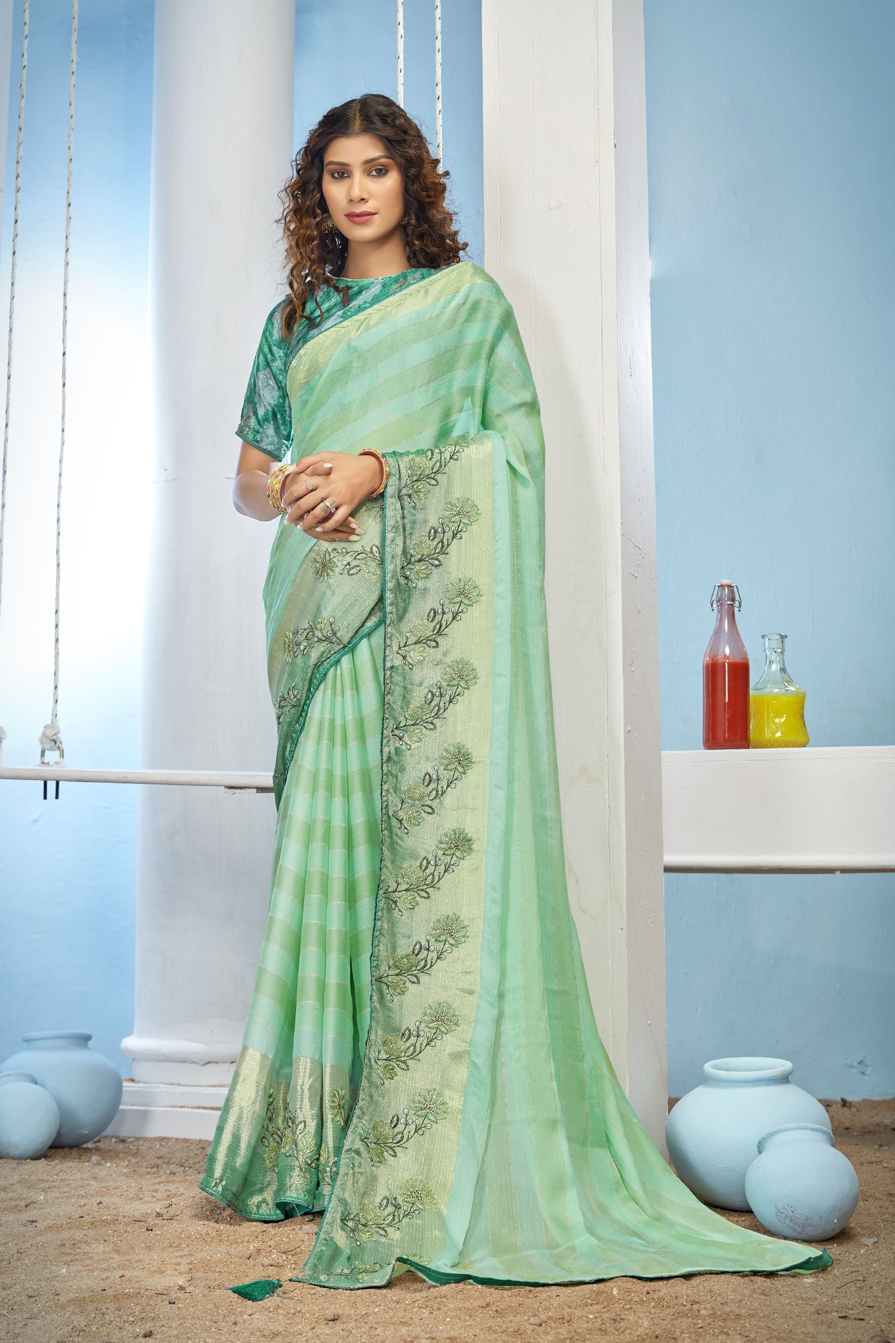 Elegant Green Miss Chiffon Art Silk Saree: Perfect for Party & Wedding Wear