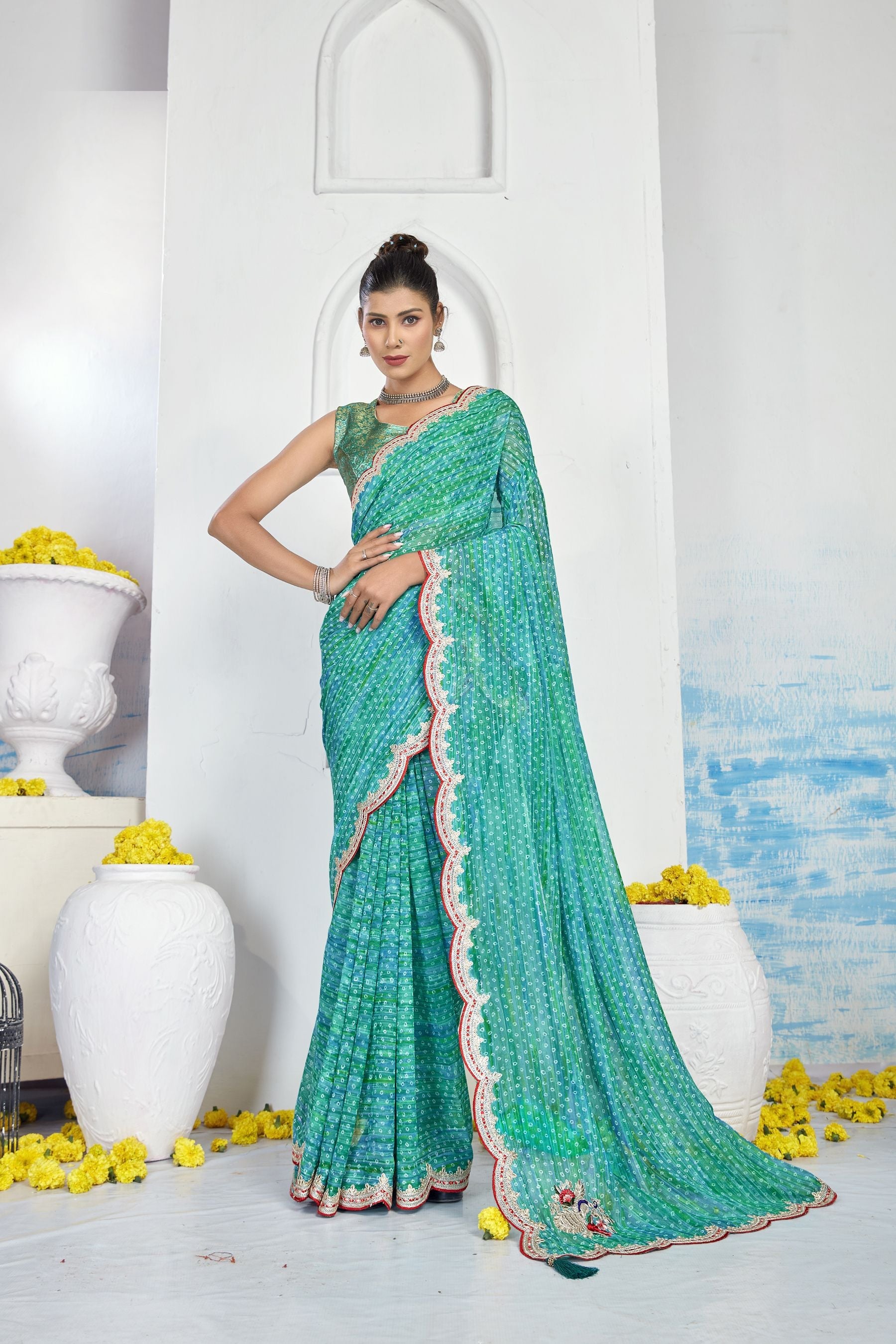 Elegant Turquoise Green Georgette Silk Saree for Party & Wedding Wear