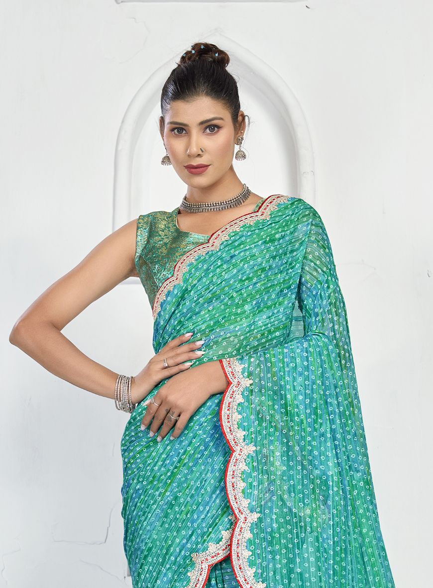 Elegant Turquoise Green Georgette Silk Saree for Party & Wedding Wear