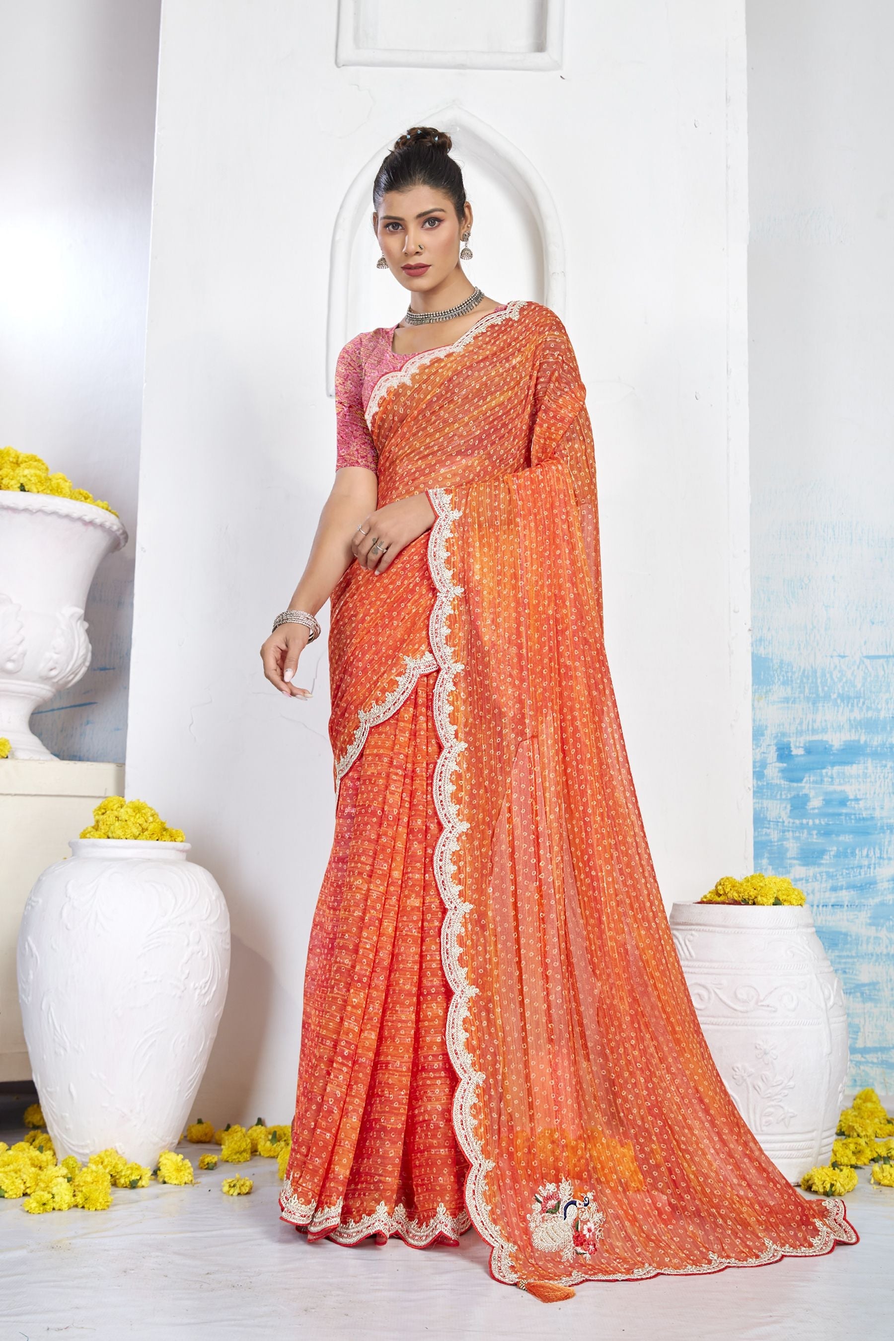 Elegant Orange Georgette Silk Saree: Perfect for Parties and Weddings