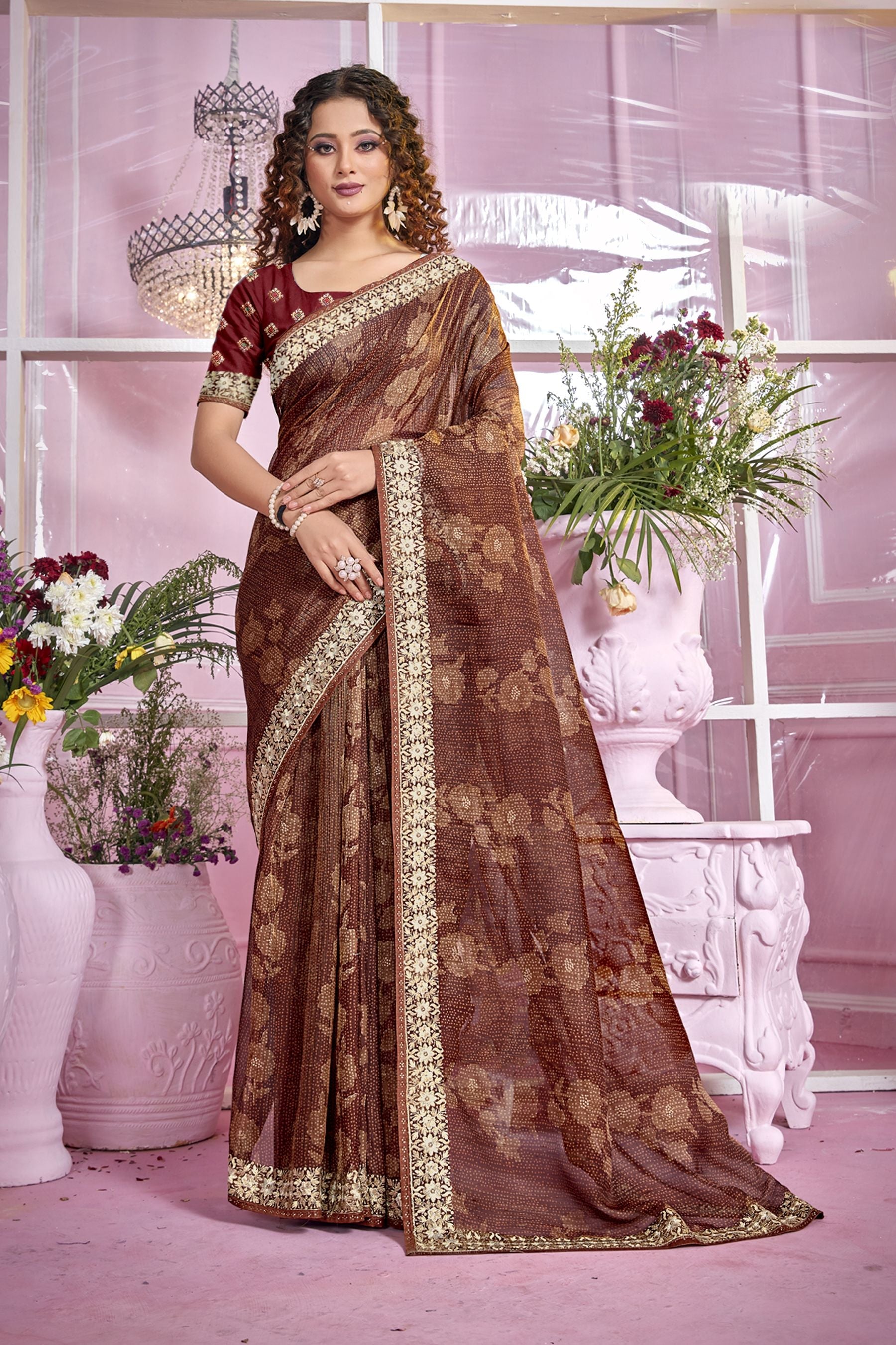 Elegant Brown Organza Soft Silk Saree: Perfect Party & Wedding Wear