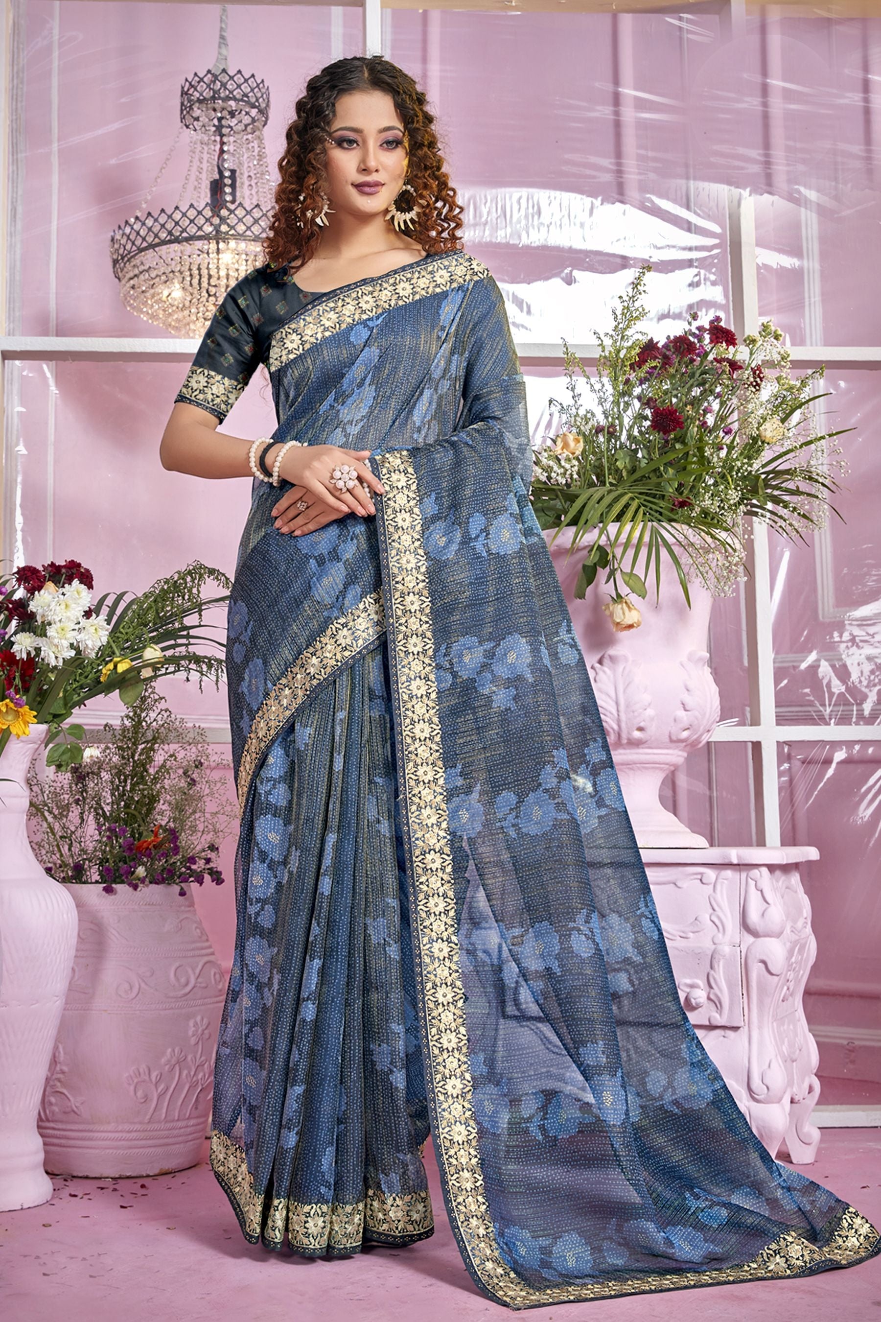 Indigo Elegance: Organza Soft Silk Saree for Party & Wedding Wear