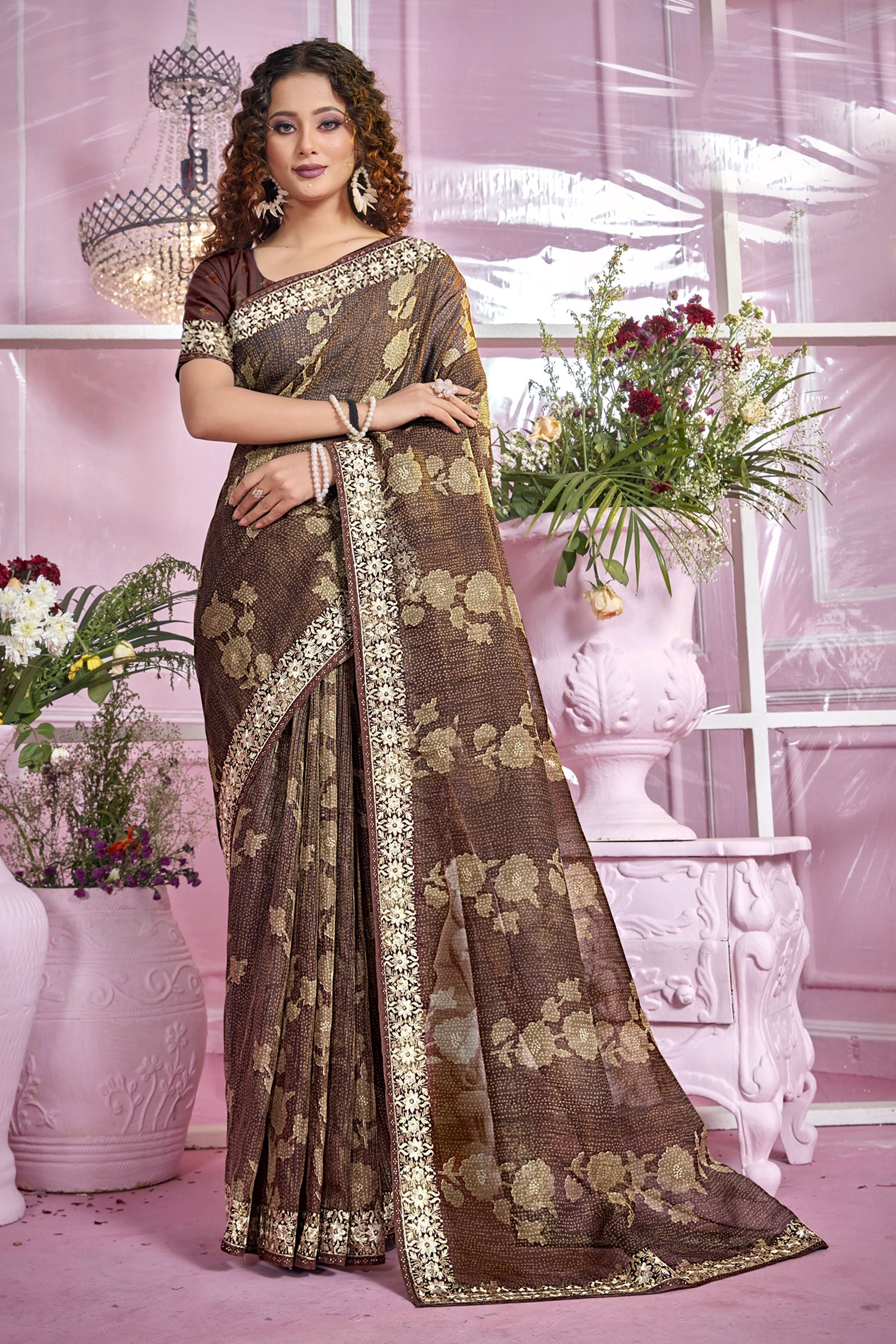 Elegant Dark Brown Organza Soft Silk Saree: Perfect Party & Wedding Wear