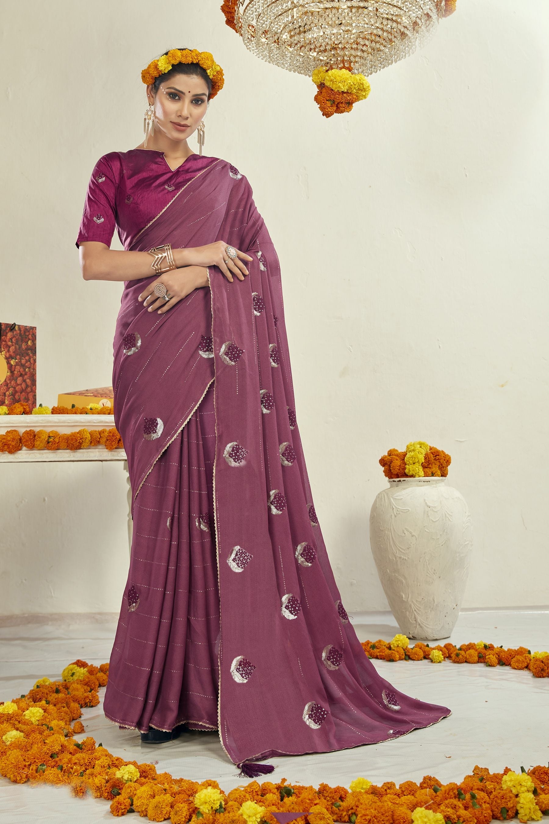 Elegant Purple Moss Silk Saree: Perfect for Party & Wedding Wear