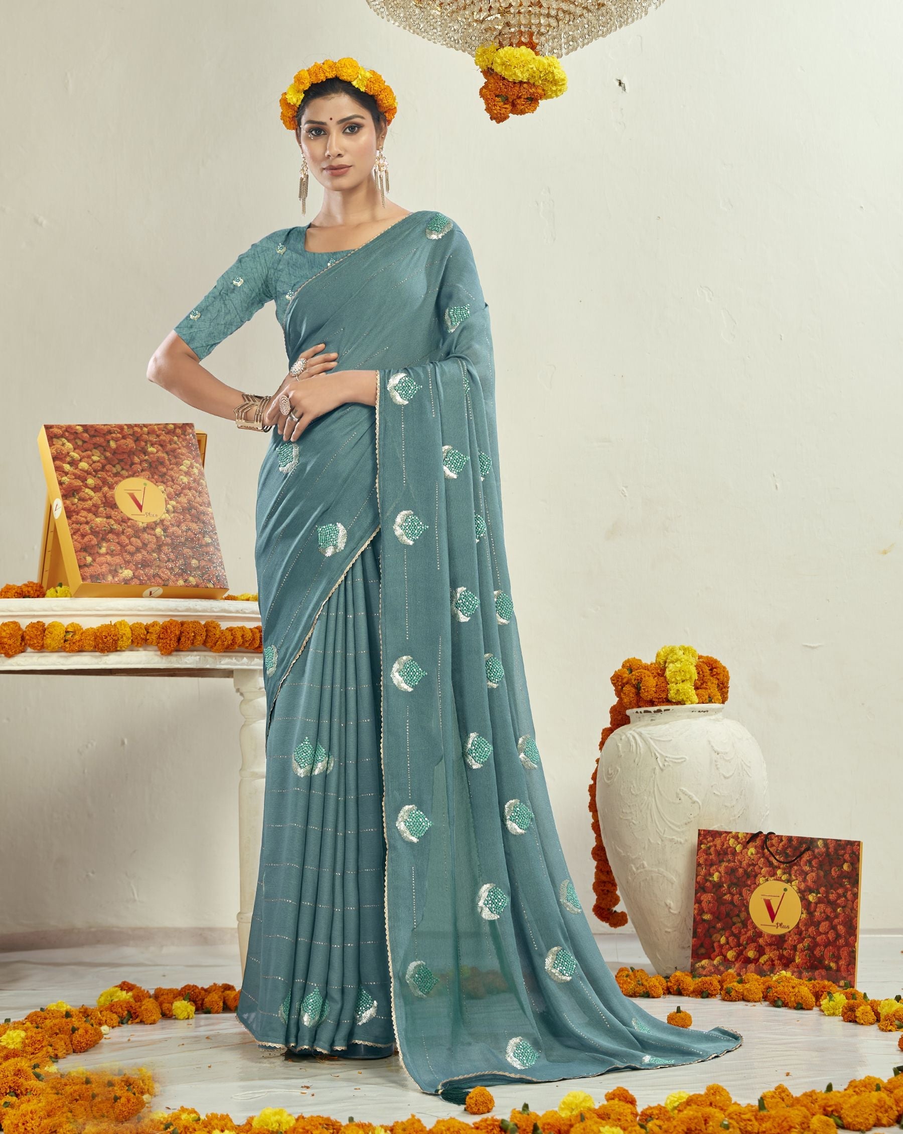 Elegant Turquoise Moss Silk Saree: Perfect for Parties and Weddings