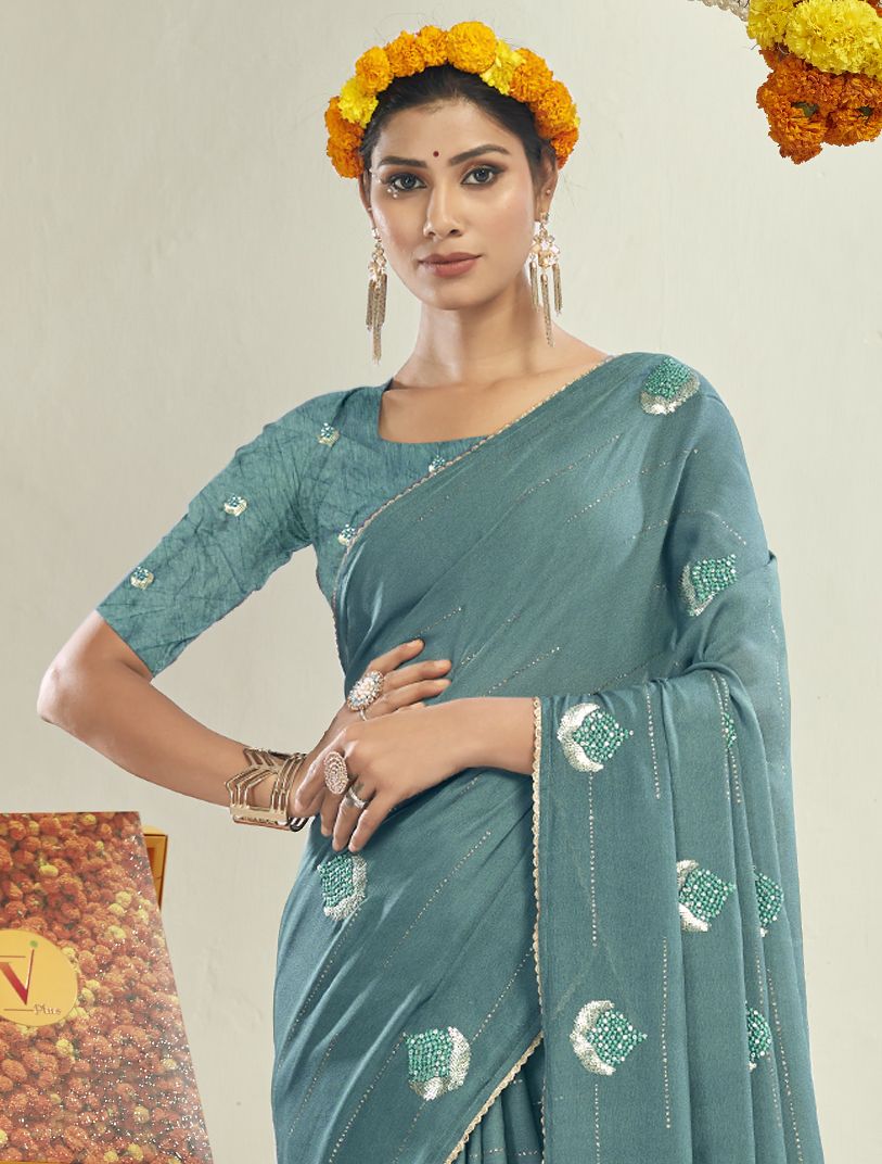 Elegant Turquoise Moss Silk Saree: Perfect for Parties and Weddings