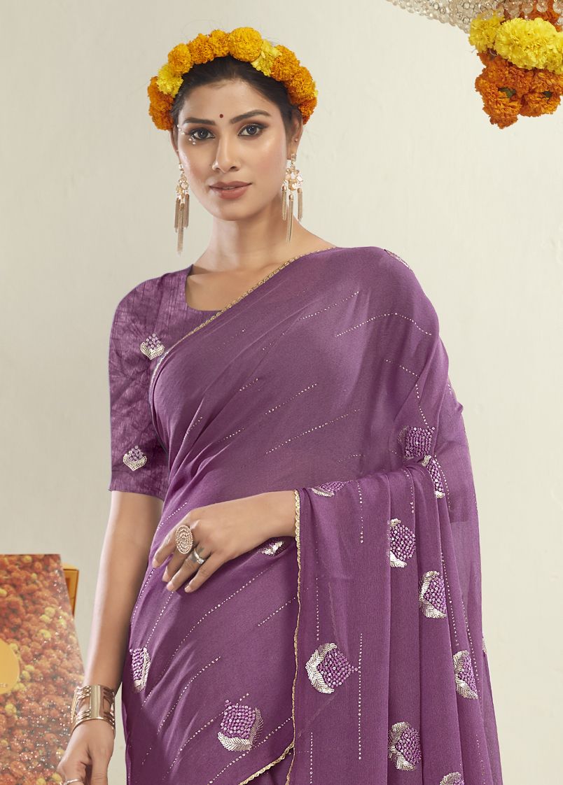 Elegant Purple Moss Silk Saree: Perfect for Parties and Weddings