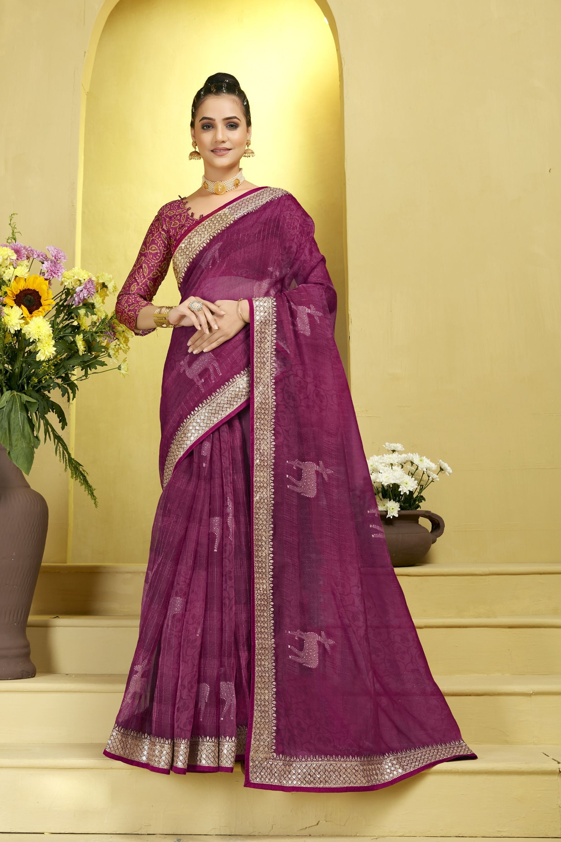 Elegant Wine Organza Soft Silk Saree: Perfect for Parties & Weddings