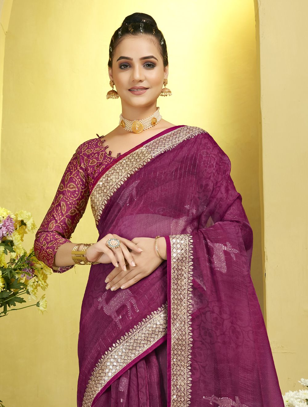 Elegant Wine Organza Soft Silk Saree: Perfect for Parties & Weddings