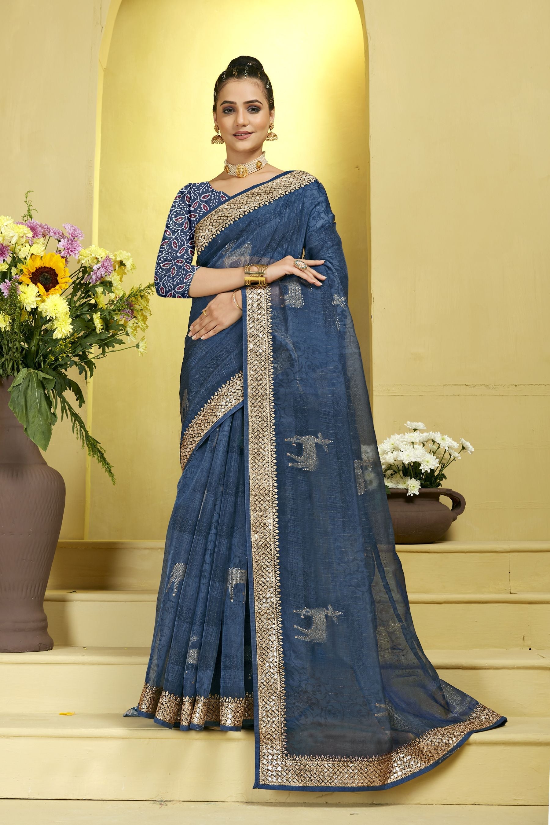 Indigo Organza Soft Silk Saree: Perfect Party & Wedding Wear