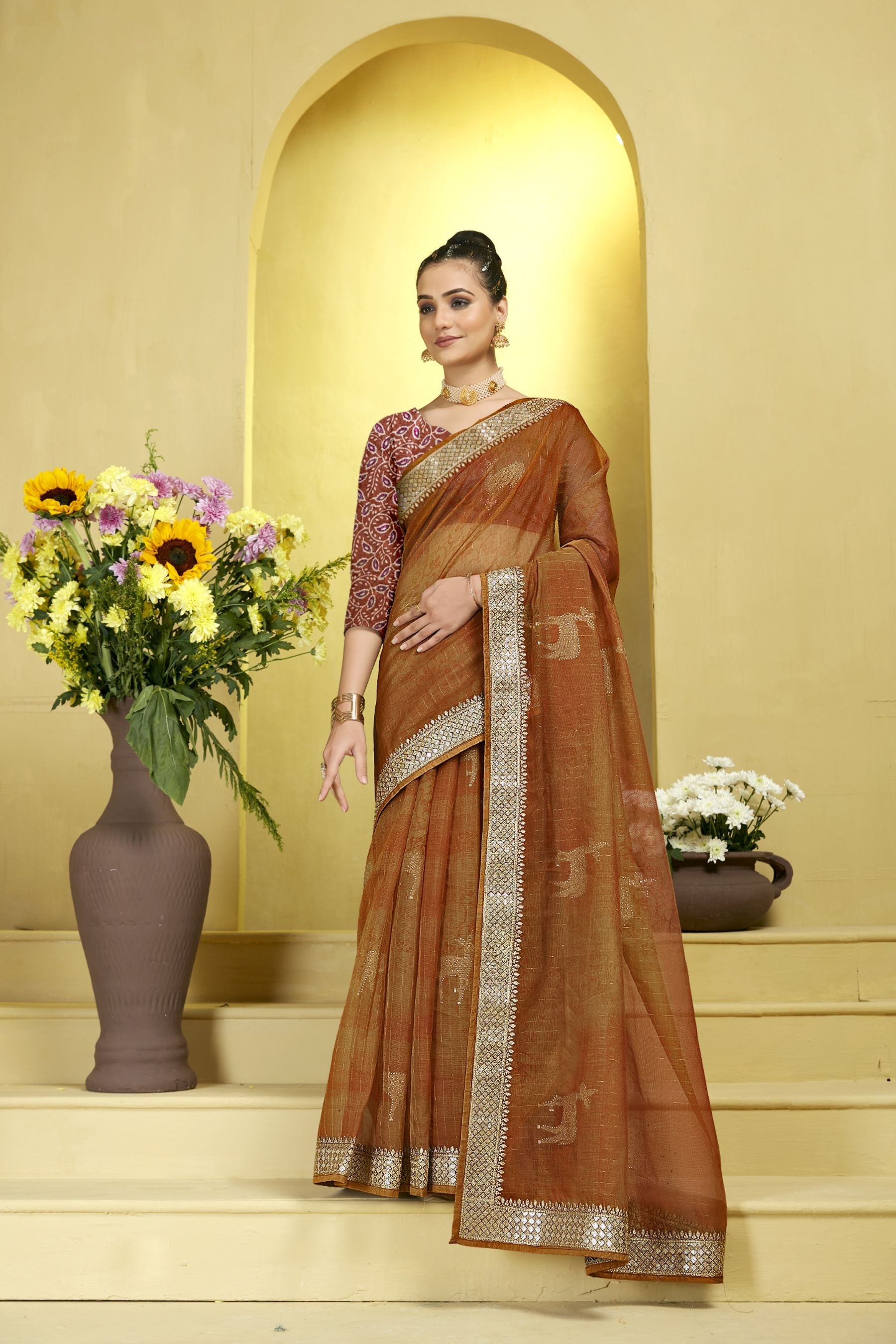 Elegant Brown Organza Soft Silk Saree for Party & Wedding Wear