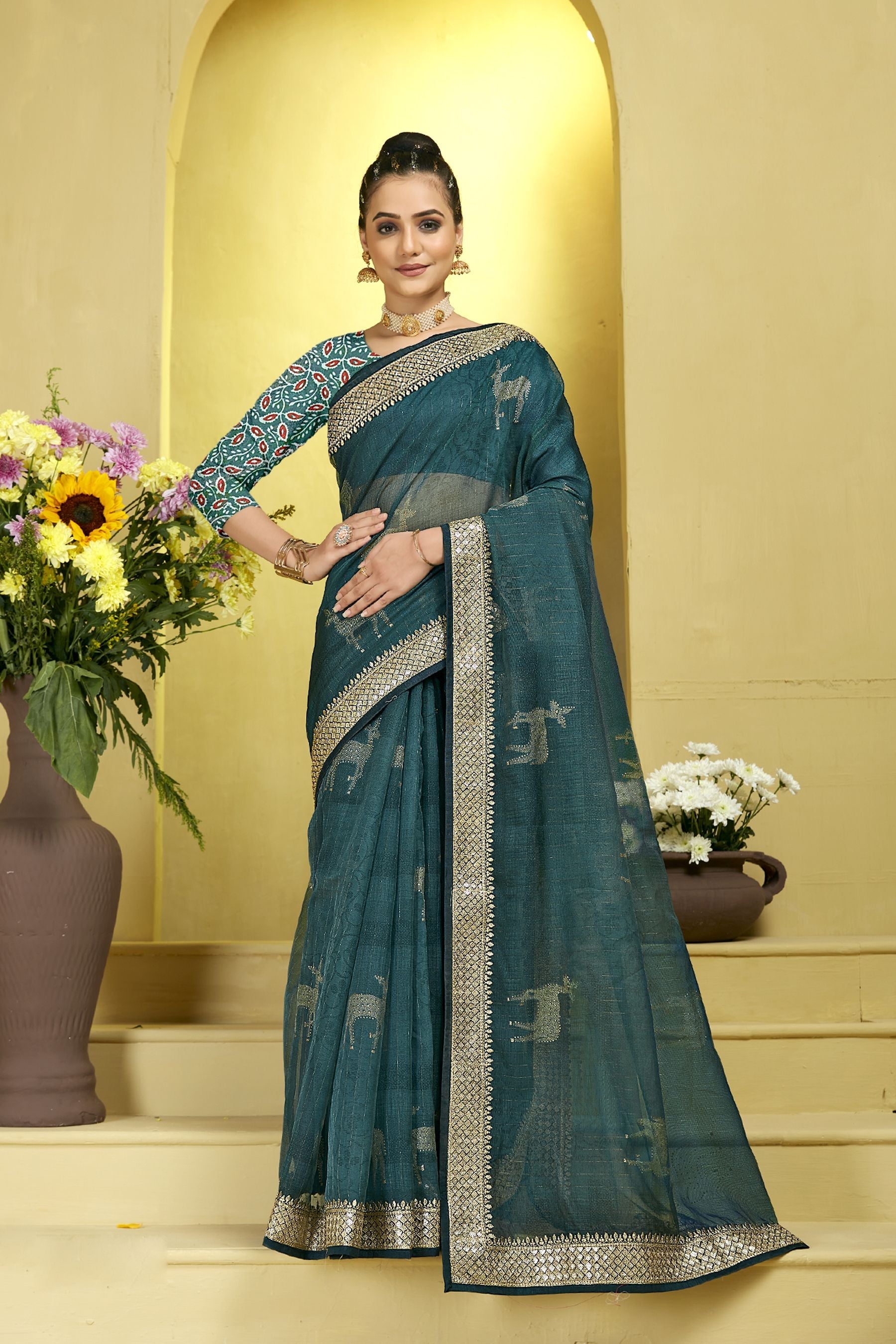 Elegant Teal Organza Soft Silk Saree: Perfect for Parties and Weddings