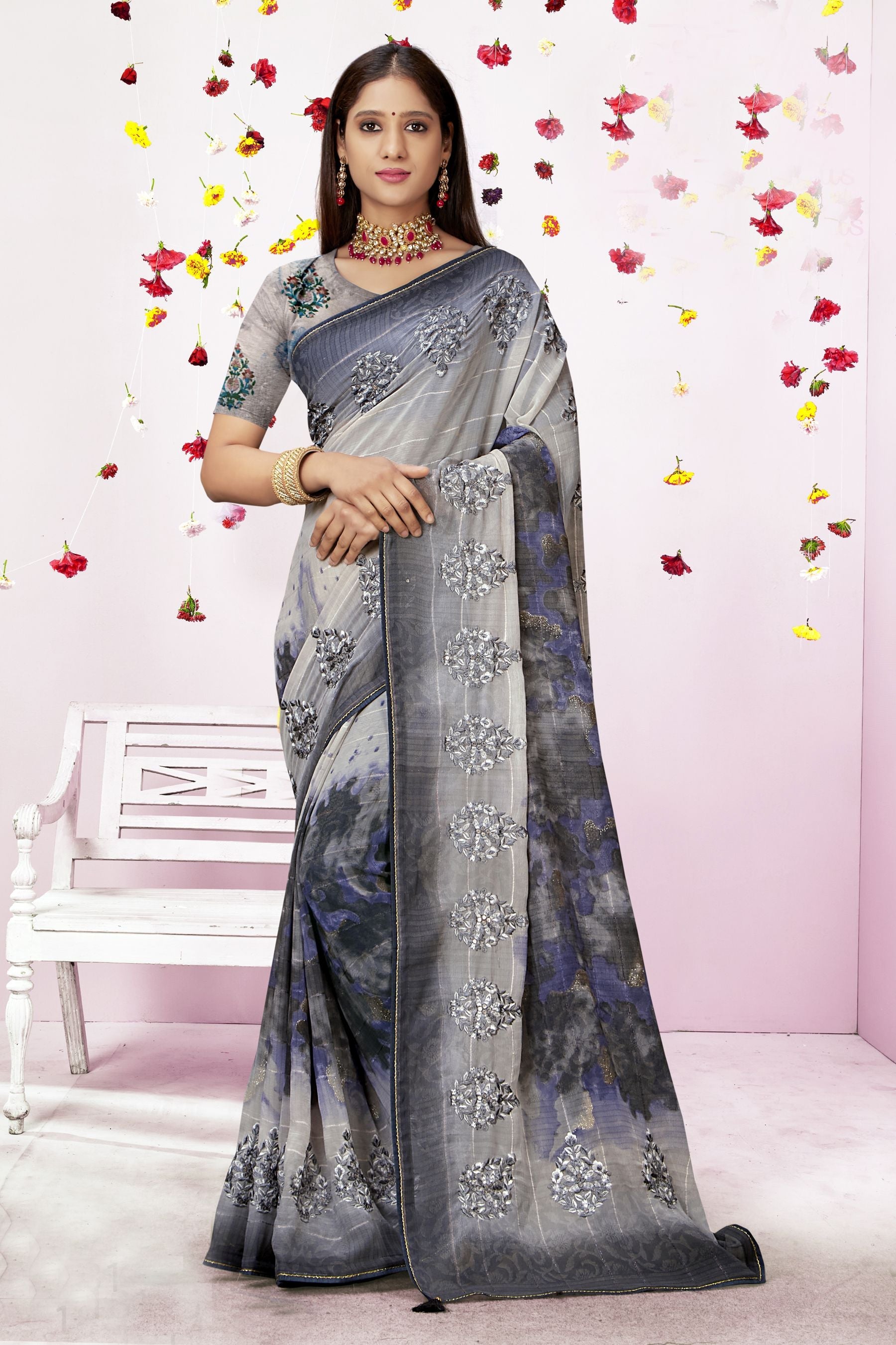 Elegant Grey Georgette Saree: Perfect Party & Wedding Attire