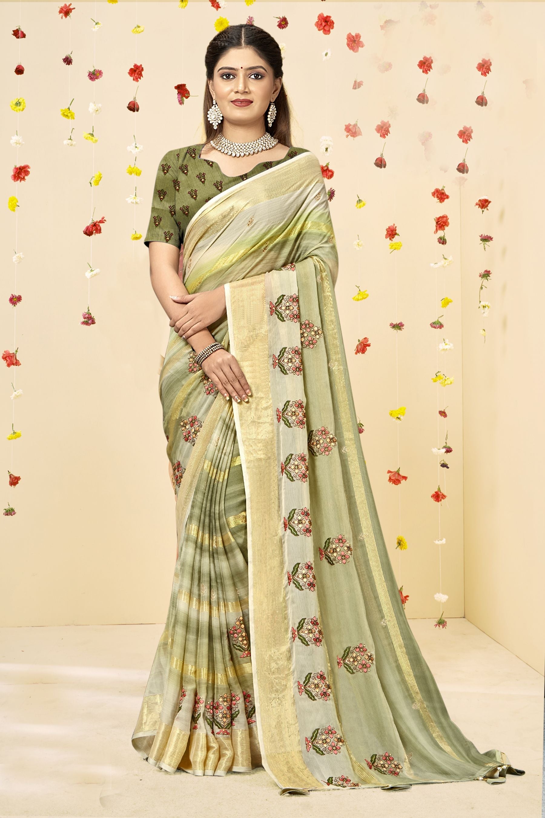 Enchanting Moss Chiffon Art Silk Saree: Perfect Party & Wedding Wear