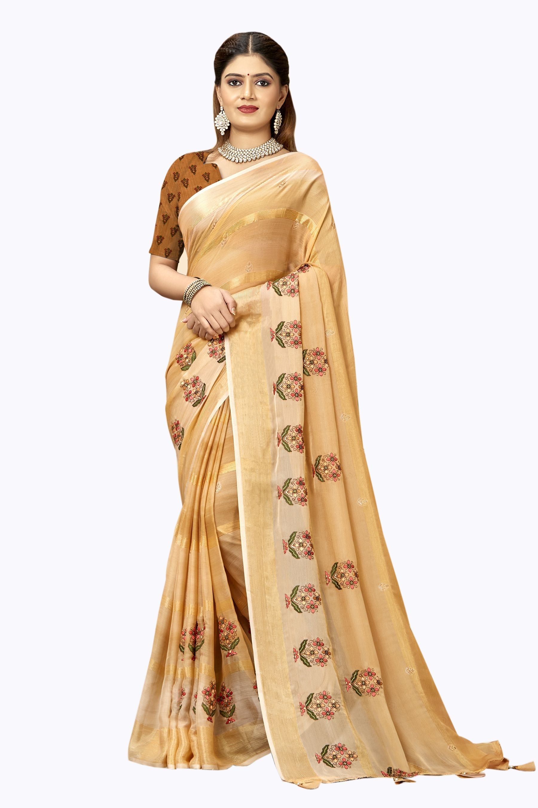 Elegant Light Brown Moss Chiffon Art Silk Saree for Party & Wedding Wear