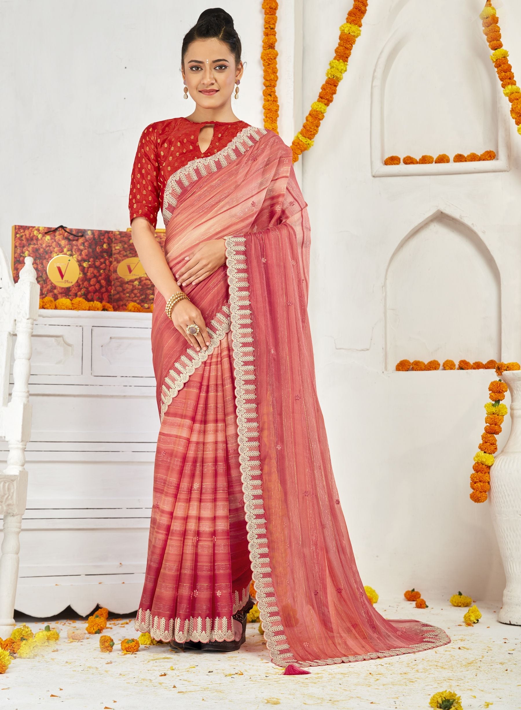 Elegant Orange Moss Chiffon Saree: Perfect for Parties & Weddings