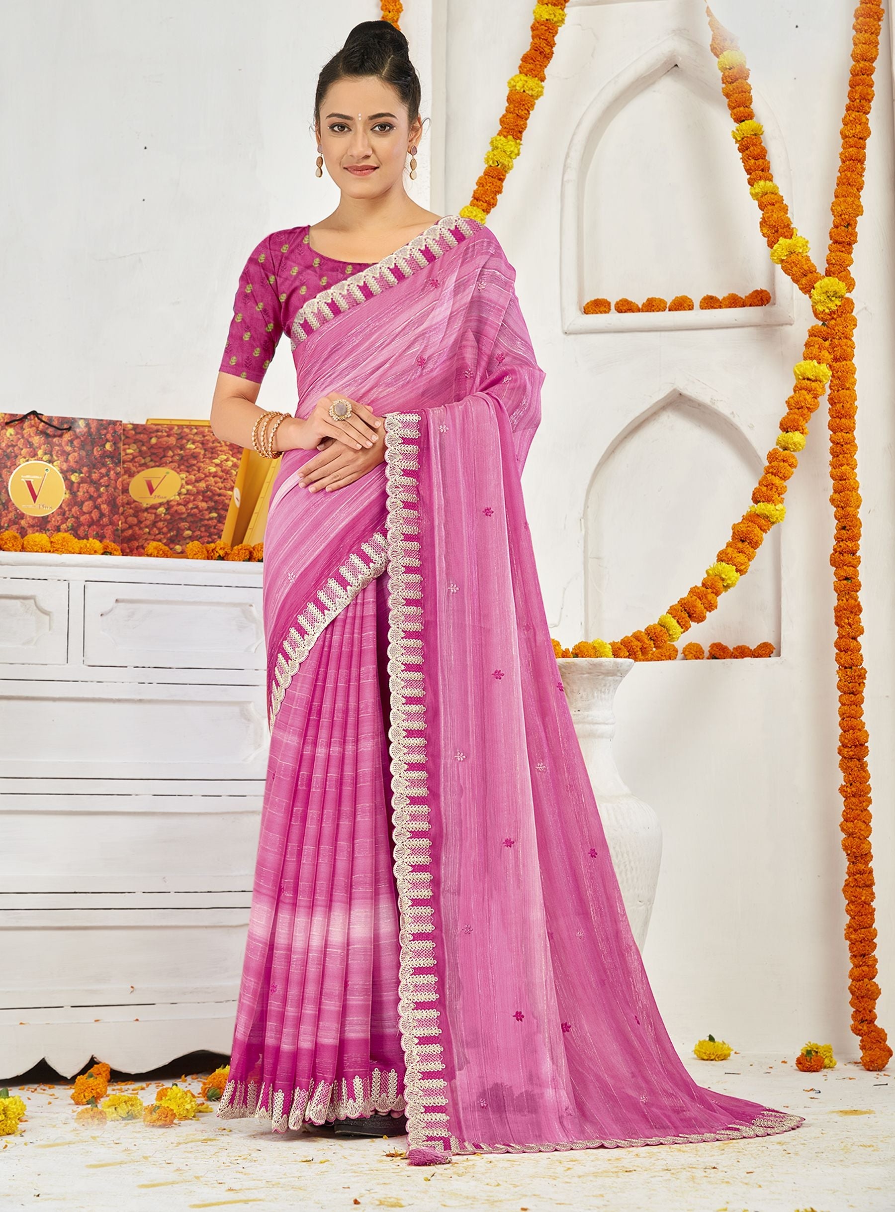 Pretty in Pink: Moss Chiffon Saree for Party & Wedding Wear