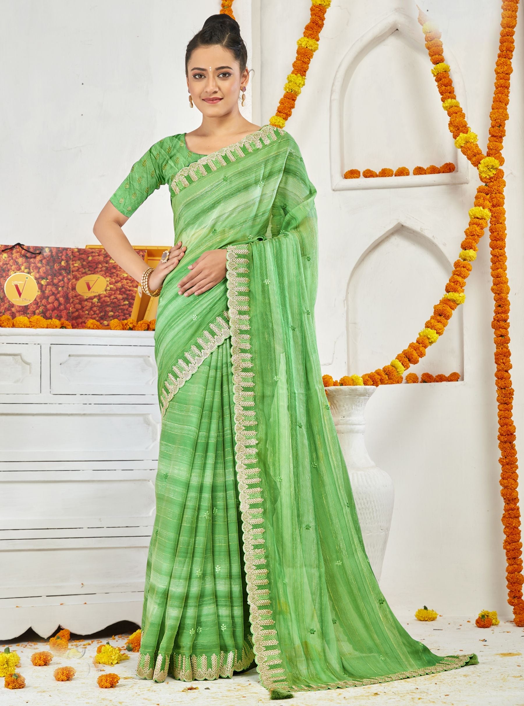 Elegant Green Moss Chiffon Saree: Perfect for Party & Wedding Wear