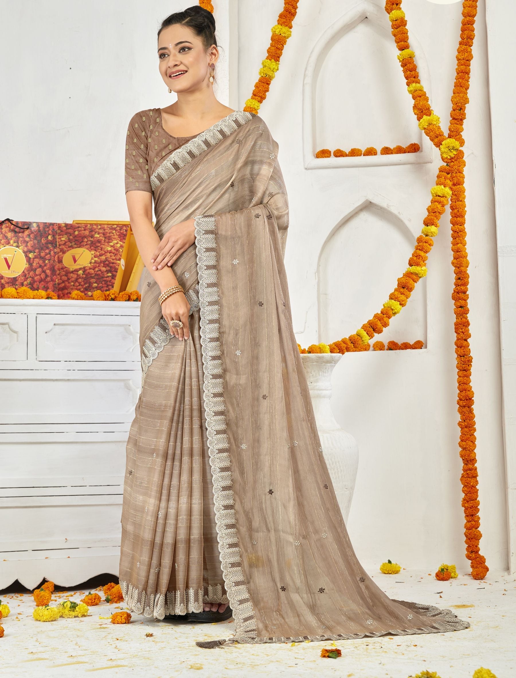 Elegant Beige China Chiffon Art Silk Saree for Party & Wedding Wear