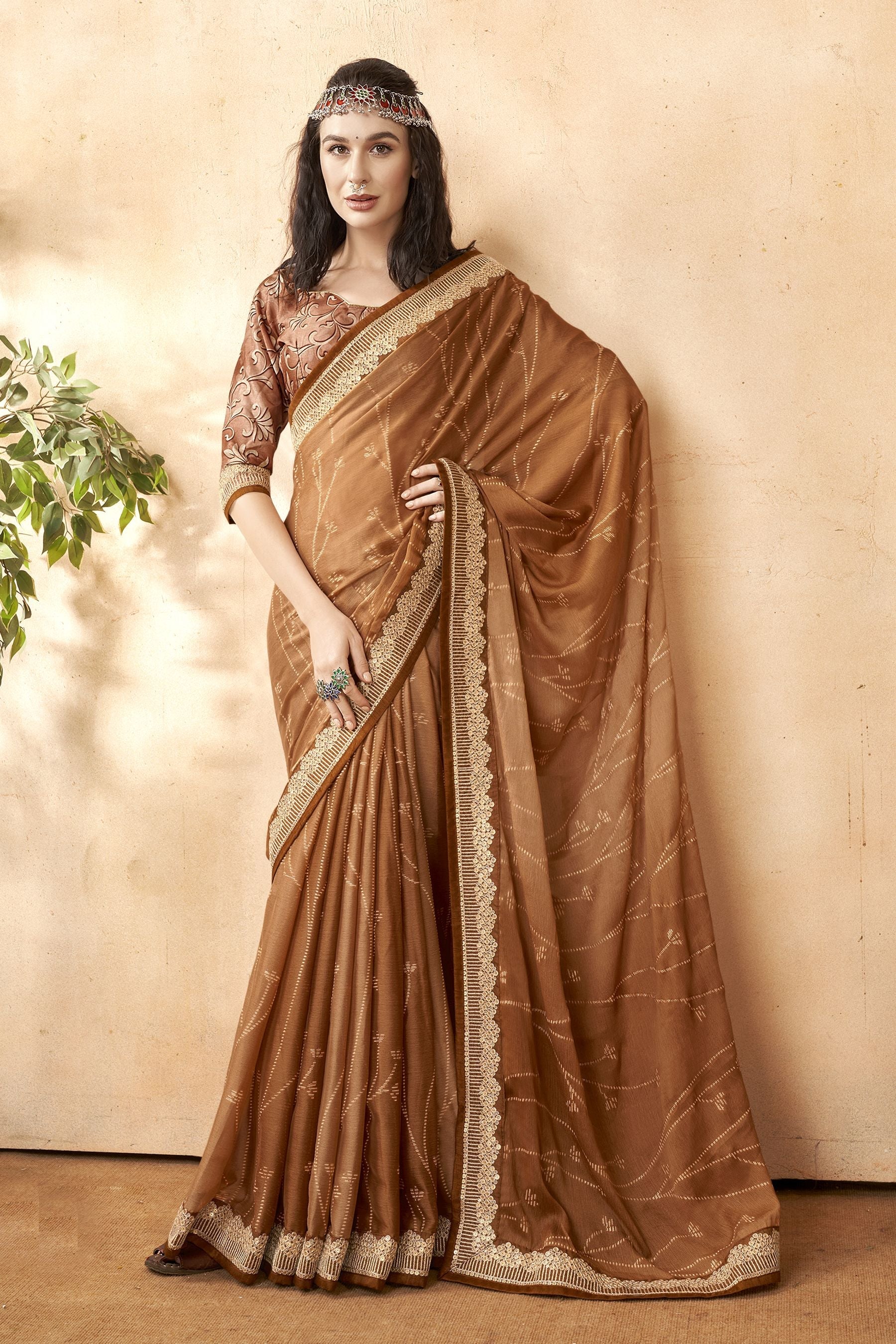 Elegant Beige China Chiffon Art Silk Saree for Party & Wedding Wear