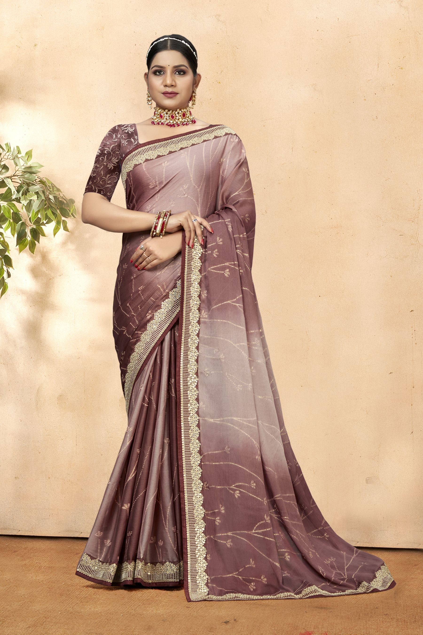 Elegant Coffee-Colored Chiffon Art Silk Saree: Perfect for Parties and Weddings