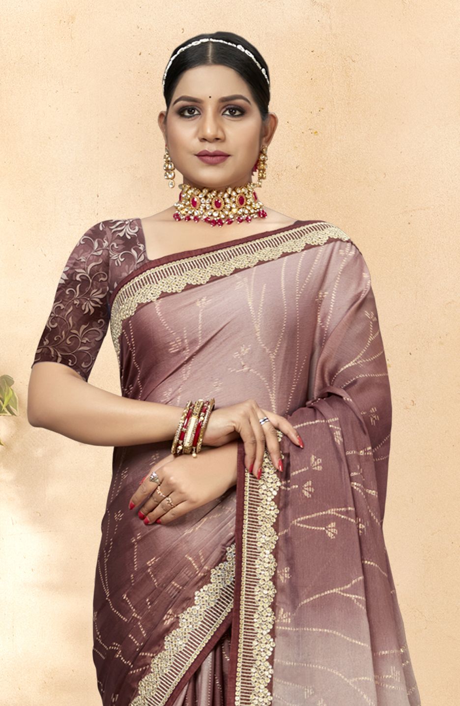 Elegant Coffee-Colored Chiffon Art Silk Saree: Perfect for Parties and Weddings