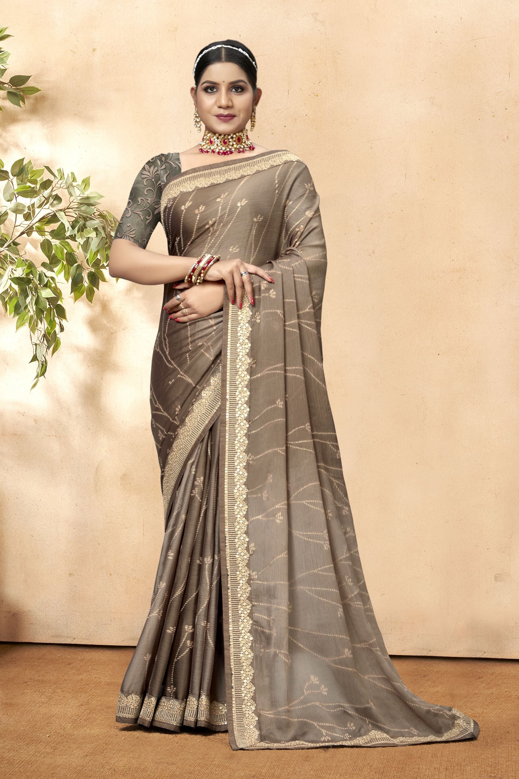 Elegant Beige China Chiffon Art Silk Saree for Party & Wedding Wear