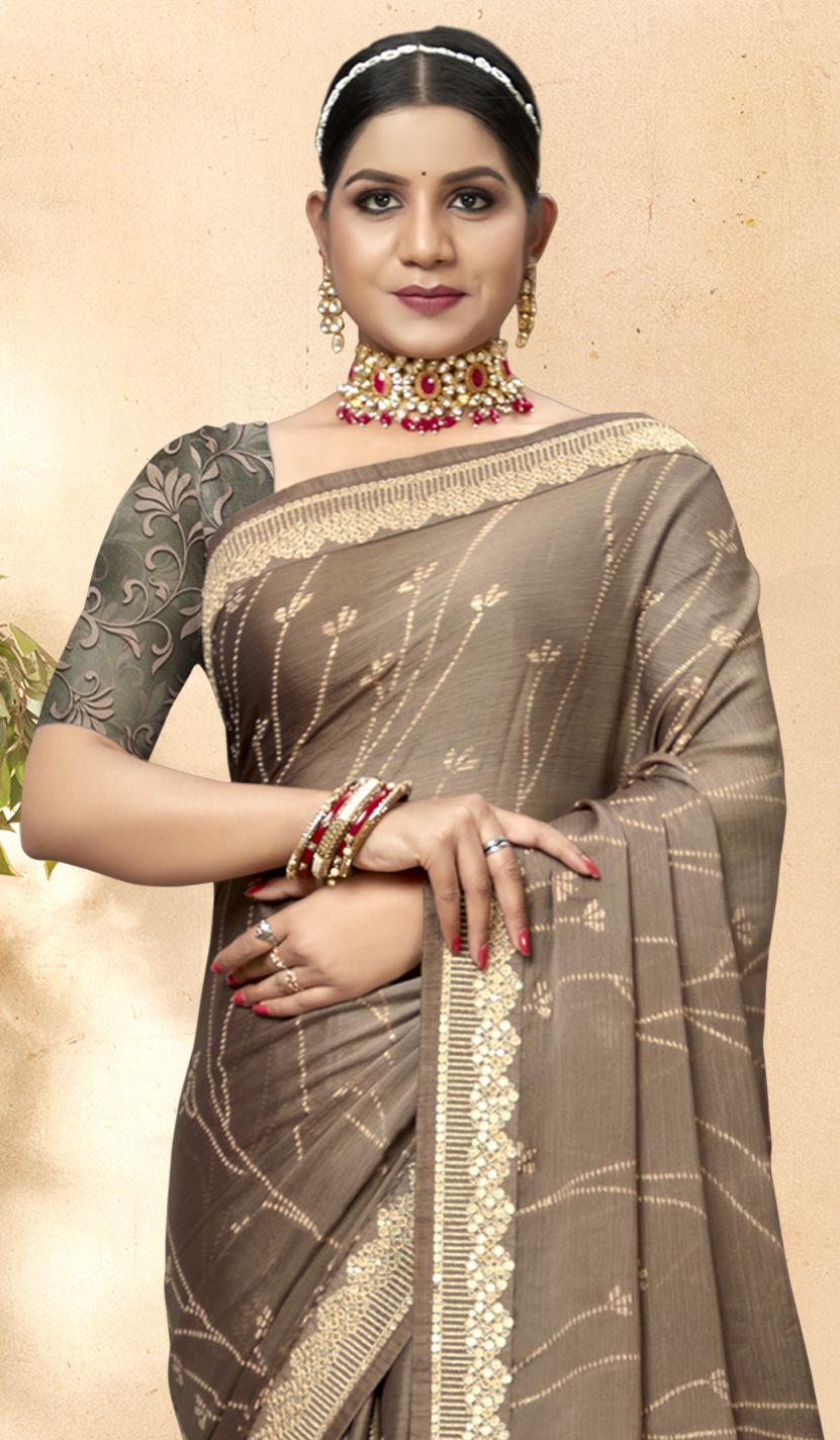 Elegant Beige China Chiffon Art Silk Saree for Party & Wedding Wear