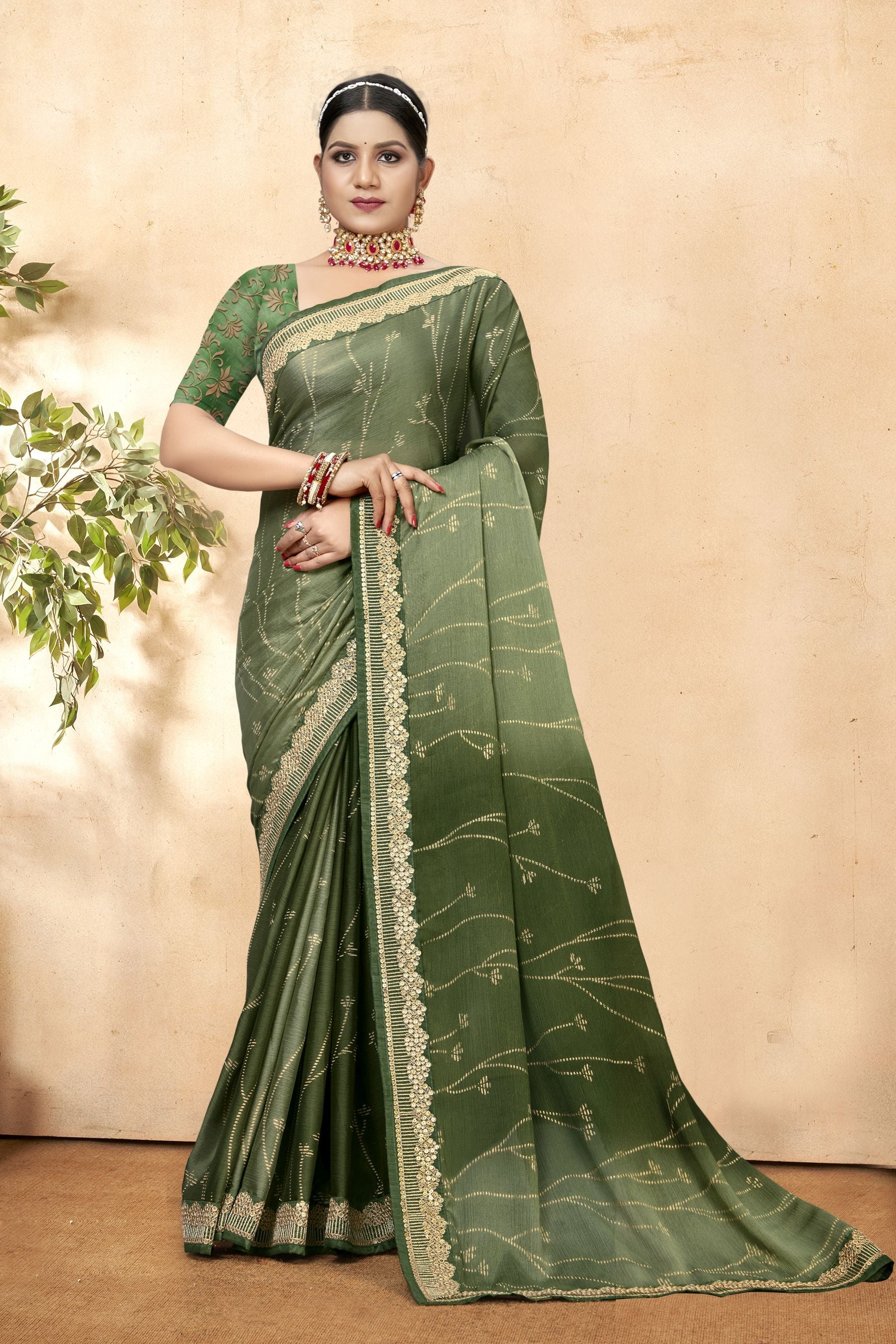 Enchanting Green China Chiffon Art Silk Saree: Perfect Party & Wedding Wear