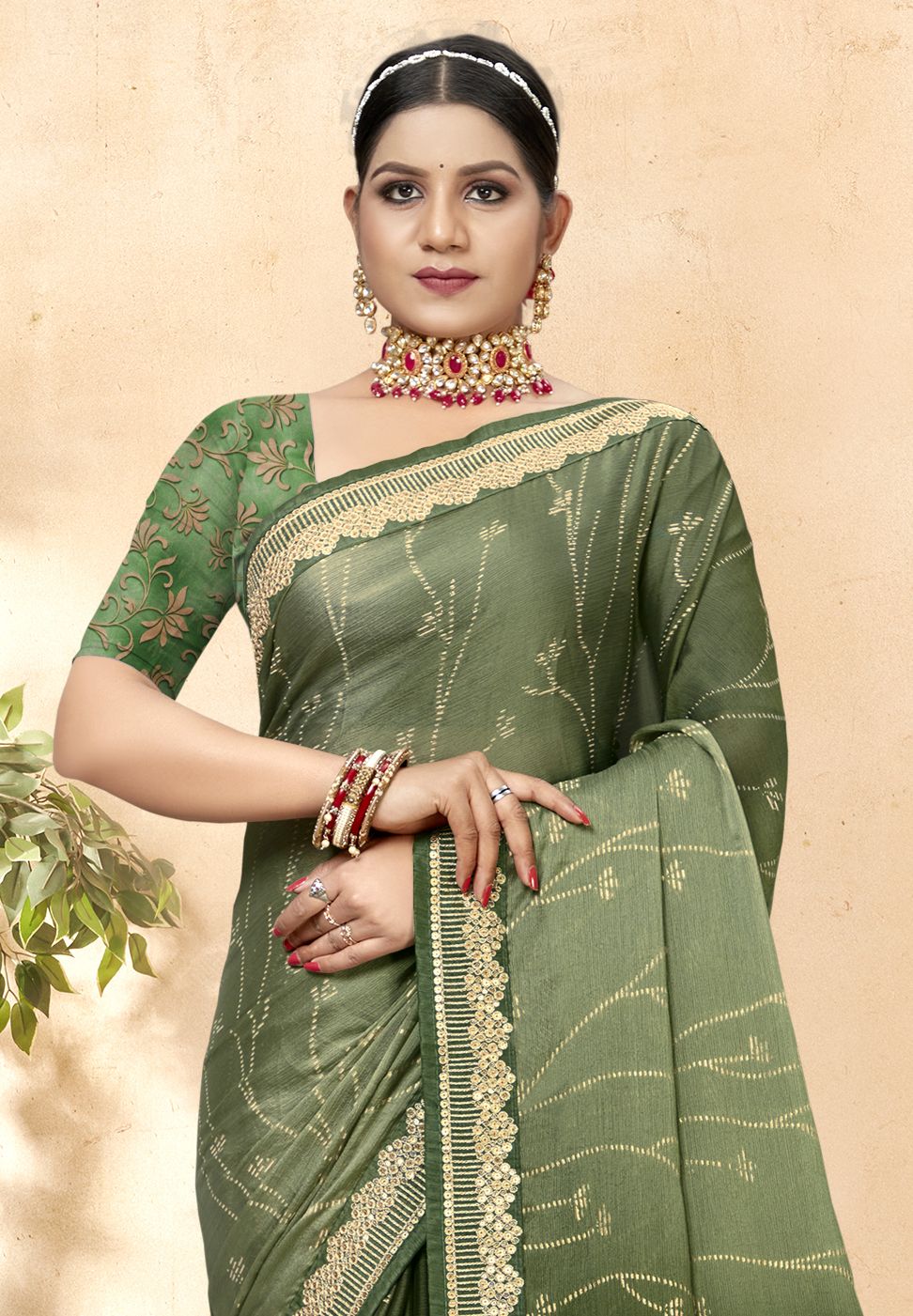 Enchanting Green China Chiffon Art Silk Saree: Perfect Party & Wedding Wear