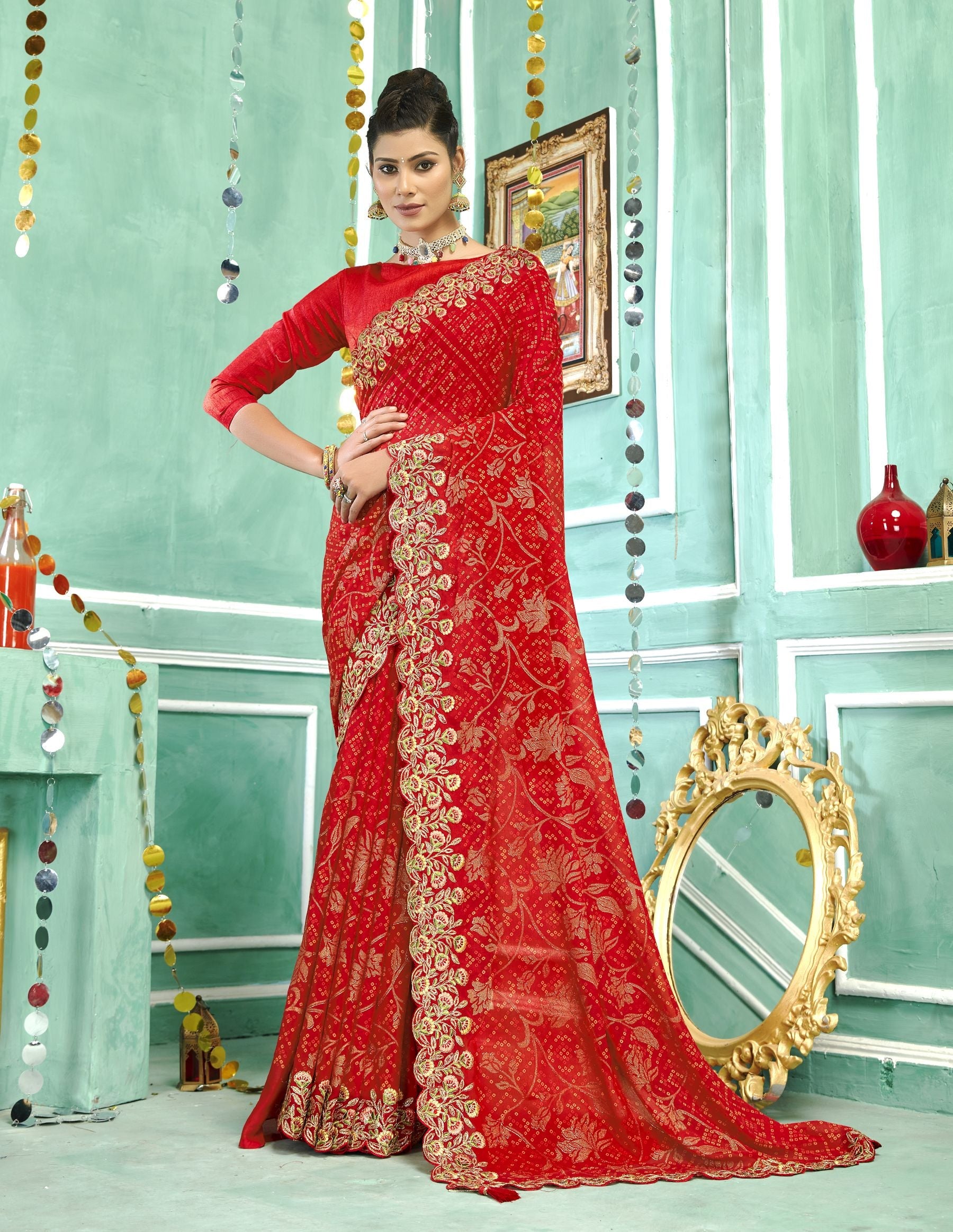 Elegant Red Georgette Saree: Perfect Party & Wedding Wear