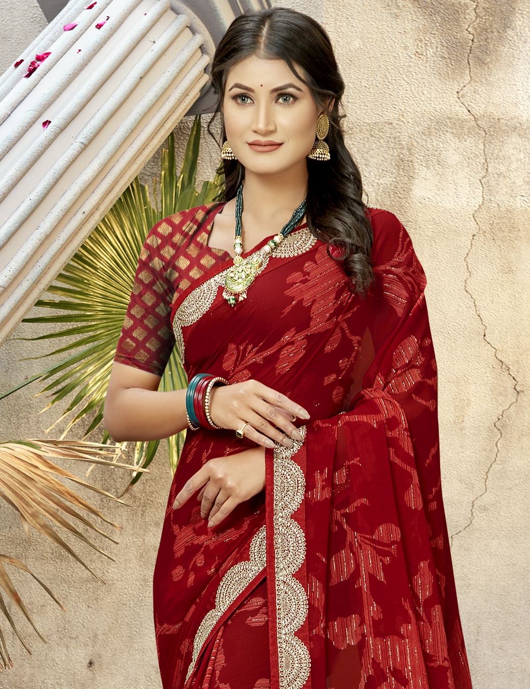 Elegant Red Georgette Art Silk Saree: Perfect for Party & Wedding Wear